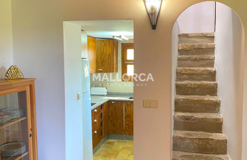 kitchen stairs stone mallorquin traditonal lighting home wood beams tiles mallorca binissalem for sale